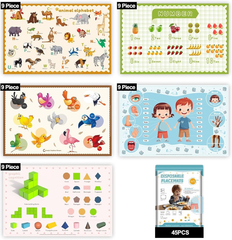 KAshack 45 Pack Sticky Disposable Placemats for Baby & Toddlers,Toddler Placemat 12"x18" Kids Table Mat for Party, Picnic Table, Restaurants Dining Table Travel Essentials for Toddlers with 5 Designs - Image 1